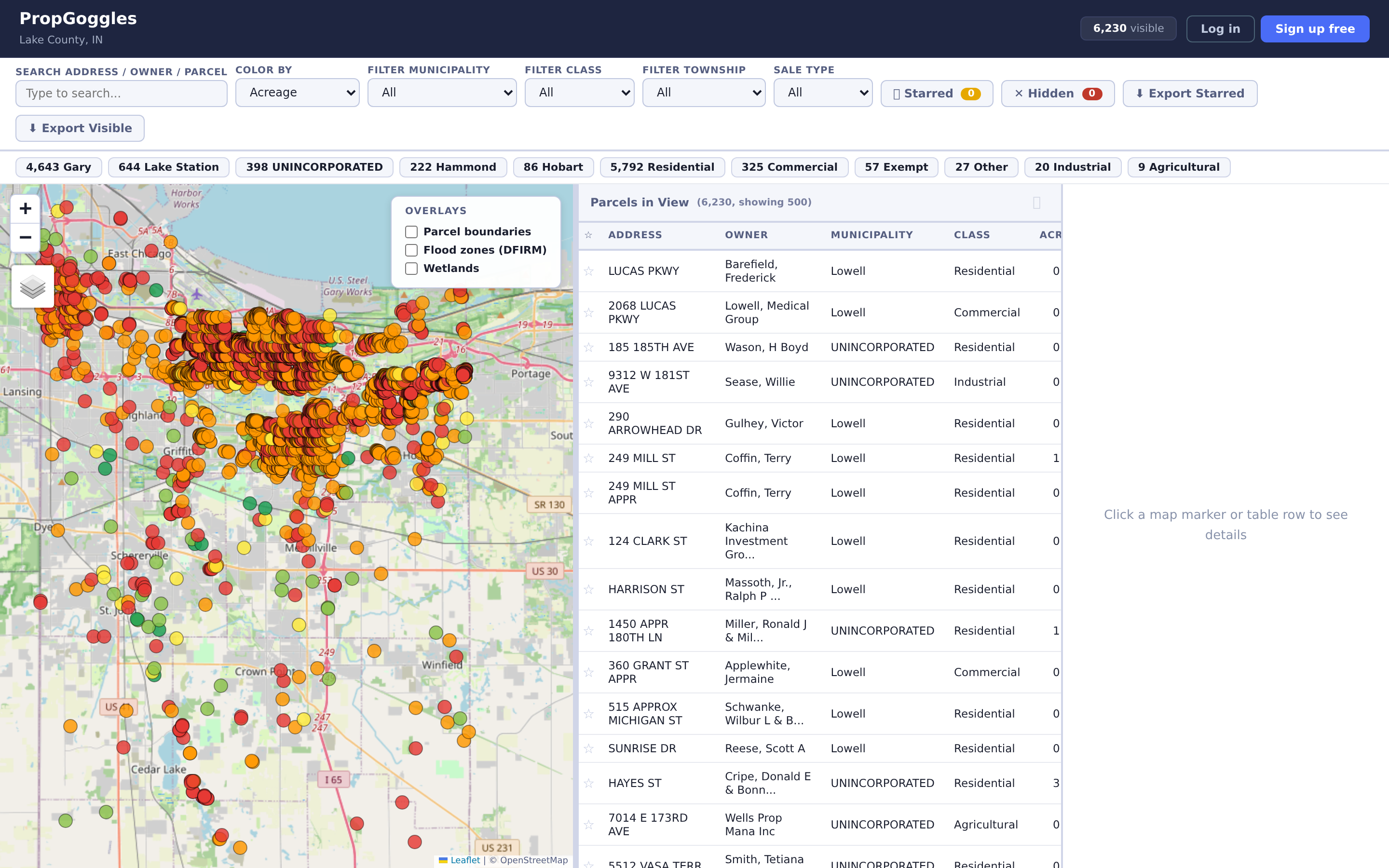 PropGoggles map and parcel data table for Lake County, Indiana